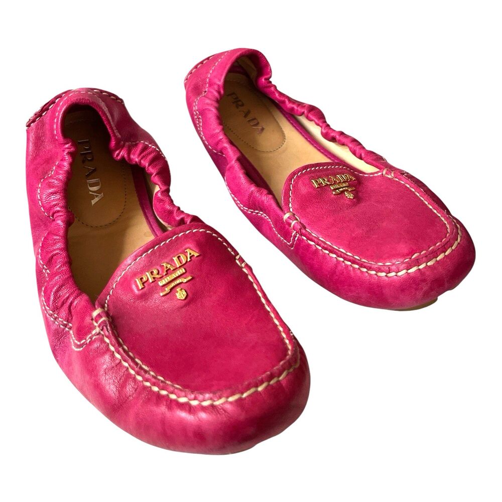 Prada Womens Leather Scrunch Driving Loafers Fuschia Italy Size EU 38.5 US 8.5